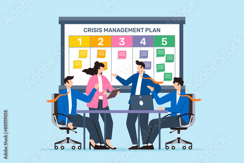 Vector illustration of colleagues preparing crisis management plan with sticky notes on whiteboard emergency response