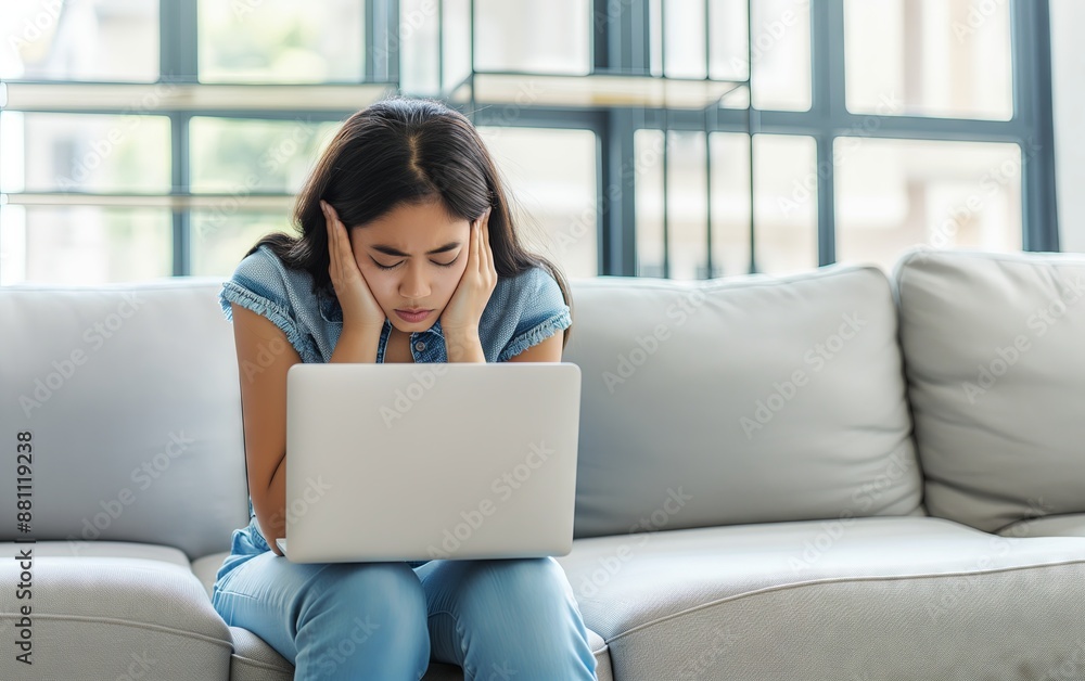 Overwhelmed Woman in Casual Clothes with Laptop Overwhelmed Woman in Casual Clothes with Laptop