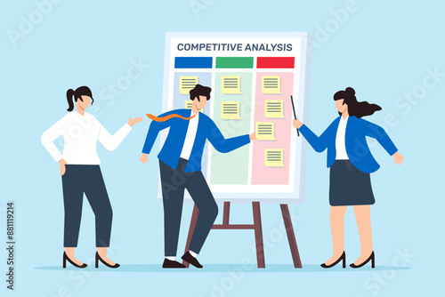Vector illustration of business team collaborates competitive analysis with sticky notes on whiteboard market positioning