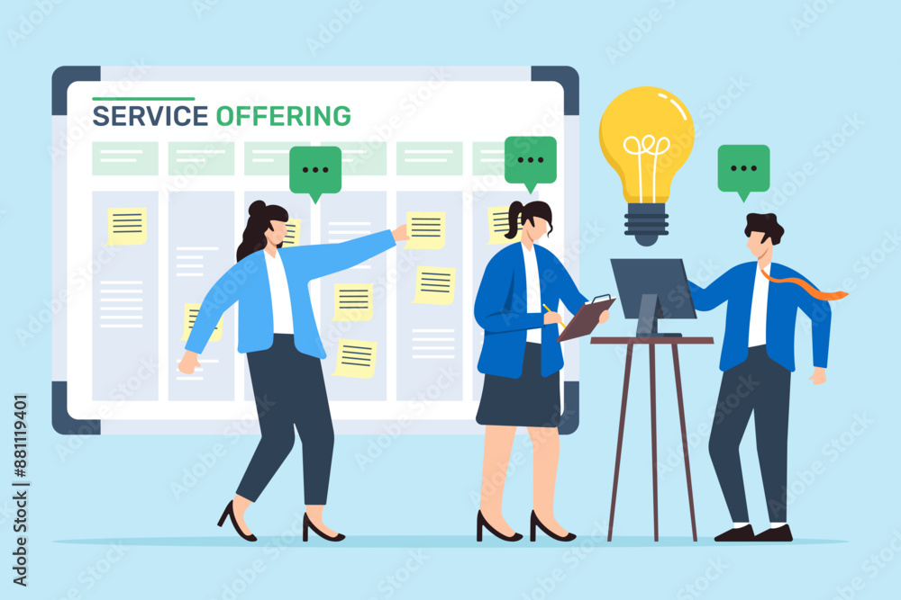 Vector illustration of business team brainstorming new service offerings with sticky notes on whiteboard market expansion Vector illustration of business team brainstorming new service offerings with sticky notes on whiteboard market expansion