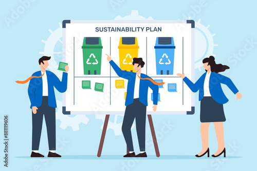 Vector illustration of team working on whiteboard with sustainability plan and sticky notes environmental strategy