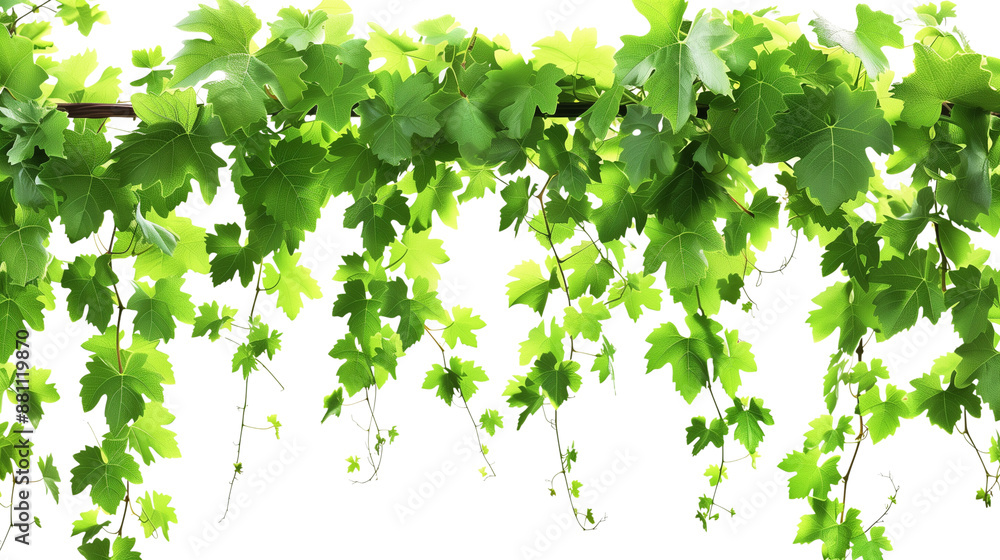 Fototapeta premium Set of A vibrant border of ripe grapes hanging heavily on a lush grapevine, sunlight filtering through the leaves isolated on transparent background