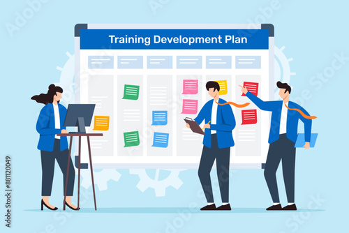 Vector illustration of colleagues working together to create training and development plan with sticky notes on whiteboard