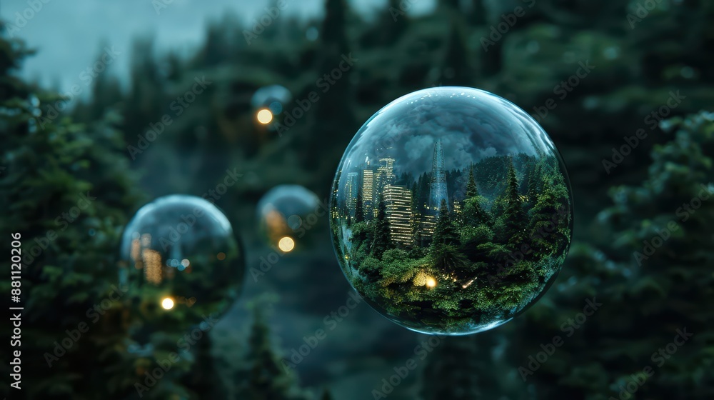 A supernatural scene showcases floating orbs that project 3D images of futuristic cities intertwined with enchanted forests A supernatural scene showcases floating orbs that project 3D images of futuristic cities intertwined with enchanted forests