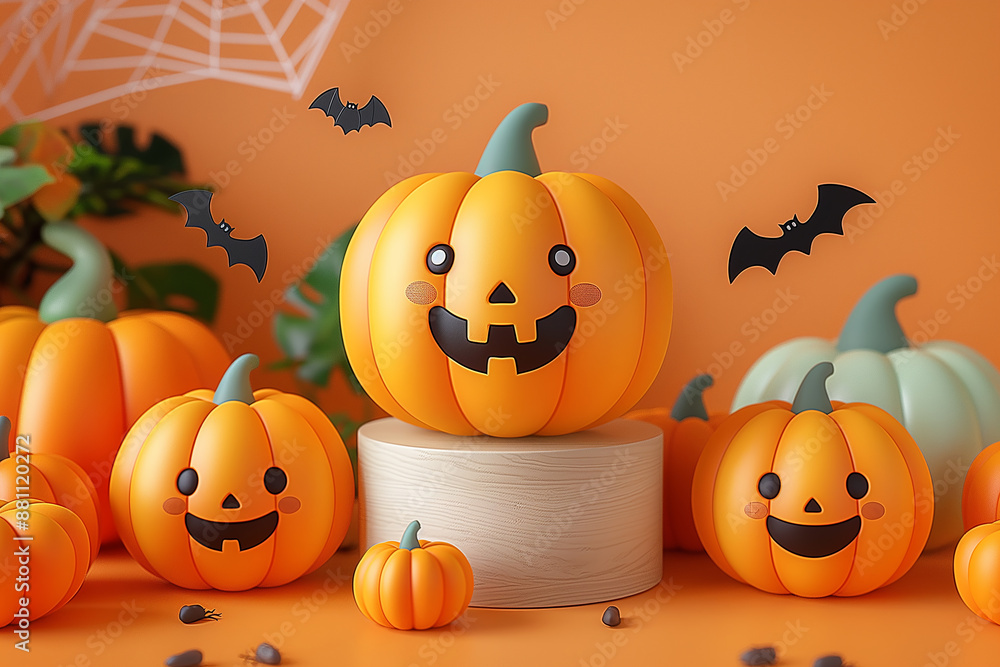 A group of pumpkins with faces on them are arranged on a table A group of pumpkins with faces on them are arranged on a table