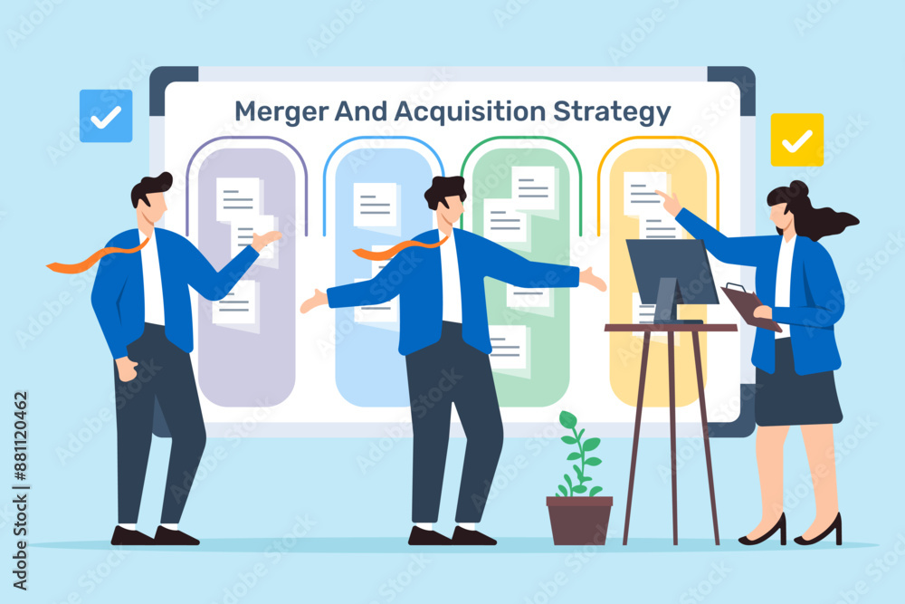 Vector illustration of business team planning merger and acquisition strategy with sticky notes on whiteboard Vector illustration of business team planning merger and acquisition strategy with sticky notes on whiteboard