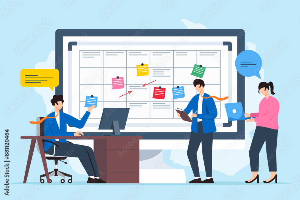 Vector illustration of team developing remote work strategy with sticky notes on whiteboard virtual collaboration Vector illustration of team developing remote work strategy with sticky notes on whiteboard virtual collaboration