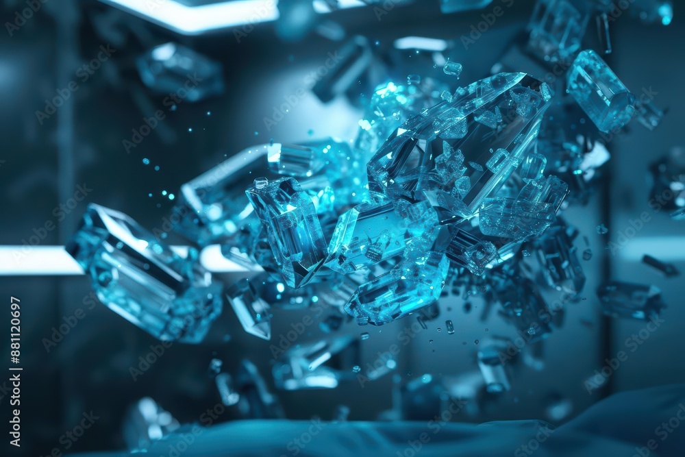 A supernatural scene unveils a surgical theater where an explosion of spectral crystals sends radiant shards into the air A supernatural scene unveils a surgical theater where an explosion of spectral crystals sends radiant shards into the air