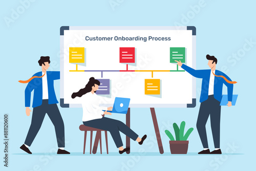 Vector illustration of colleagues planning customer onboarding process with sticky notes on whiteboard client user integration