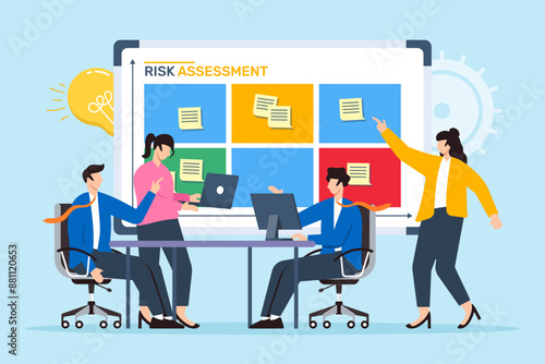 Vector illustration of business team conducting risk assessment with sticky notes on whiteboard mitigation planning