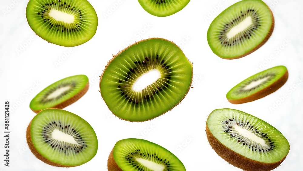 Fototapeta premium Kiwi fruits fly isolated on white background. Fresh Green Kiwi Slices Falling and Floating in Mid-Air. Perfect for Healthy Food, Fruit, and Juice Concepts.