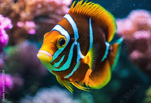 Close up with an exotic yellow fish underwater photo