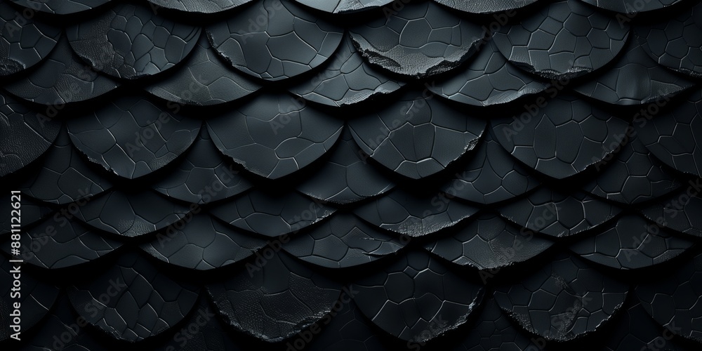 Fototapeta premium Abstract background with dragon scales and light textural patterns on black background, minimalistic design, matte texture.