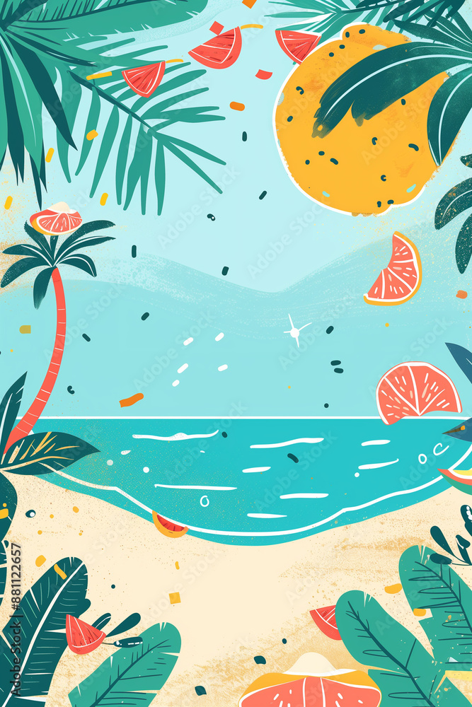 Obraz premium A summery scene of a beach with palm trees, grapefruit, and ocean