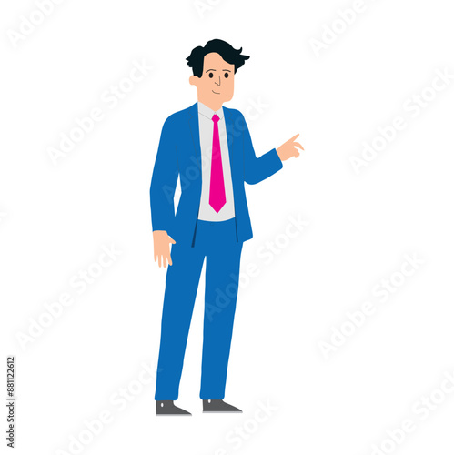 Un hombre con traje y corbata con la mano levantada y señalando con un dedo. Vector