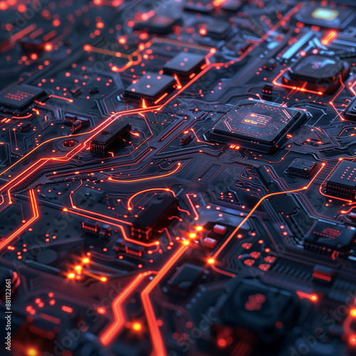 Close up shot of a circuit board with electrical connections light up in a red glow