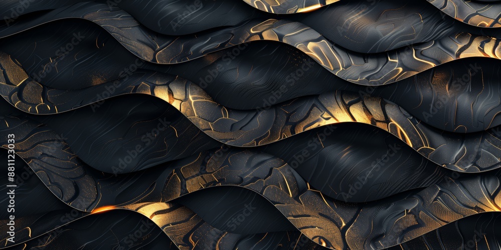 Obraz premium Abstract background with dragon scales and golden-black waves on dark backdrop, glossy texture, elegant and modern look.