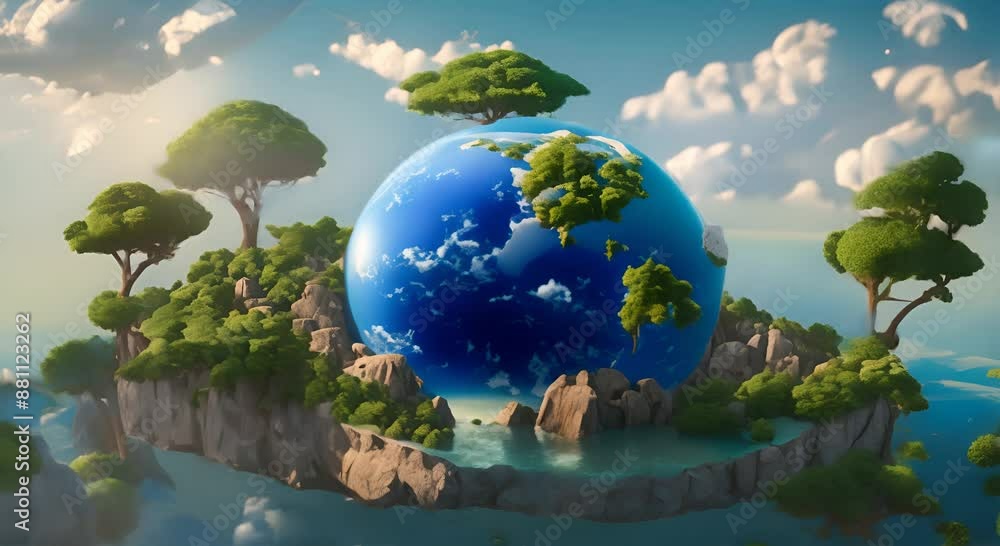 A detailed earth planet with trees rocks and blue water on it surrounded by clouds Sustainable science concept composition 4k animation A detailed earth planet with trees rocks and blue water on it surrounded by clouds Sustainable science concept composition 4k animation