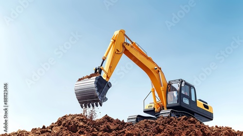 Heavy machinery digging earth, construction zone, excavator in action, flat design illustration, realistic photo, cinematography, hyper realistic