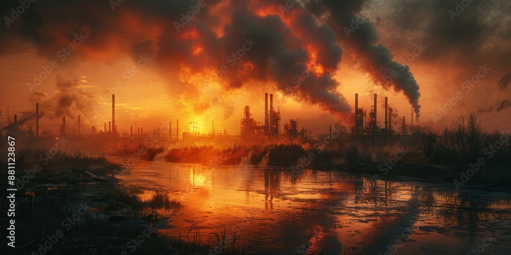 Naklejka premium Factory fire releasing toxic smoke into the air, affecting nearby communities and showcasing industrial hazards