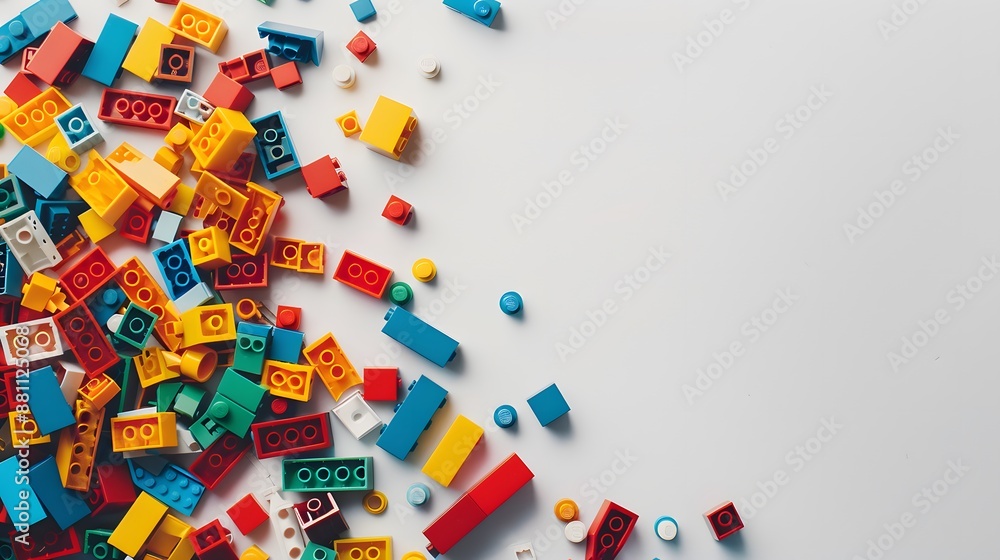 White background, white space in the center of picture. A pile of colorful blocks scattered all over the place. The bricks of different shapes and sizes to show diversity. White background, white space in the center of picture. A pile of colorful blocks scattered all over the place. The bricks of different shapes and sizes to show diversity.