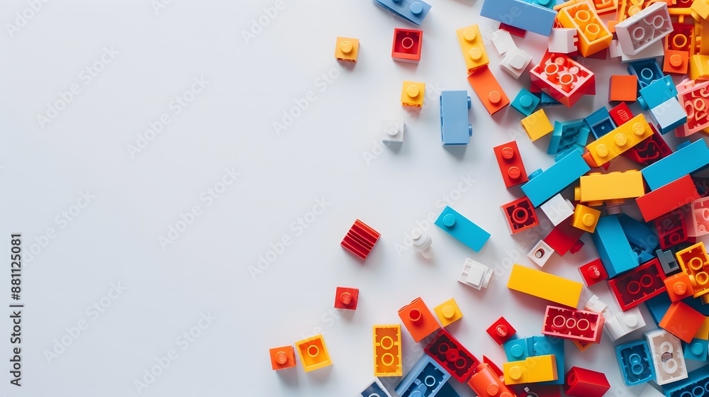 White background, white space in the center of picture. A pile of colorful blocks scattered all over the place. The bricks of different shapes and sizes to show diversity. White background, white space in the center of picture. A pile of colorful blocks scattered all over the place. The bricks of different shapes and sizes to show diversity.