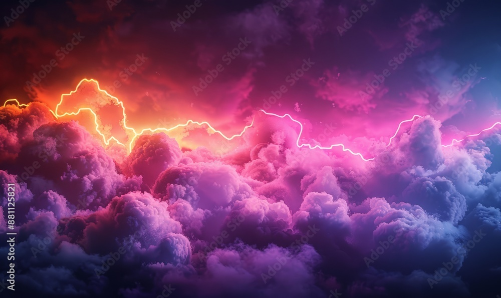 Pink and Yellow Neon Light with Cloud Formation. Square shaped Fluorescent Frame in Dark Environment. Pink and Yellow Neon Light with Cloud Formation. Square shaped Fluorescent Frame in Dark Environment.