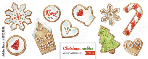 Set of christmas decorations. Collection of different gingerbread cookies. Watercolor illustration of hand painted christmas cookies: man, tree,stars, candy.
