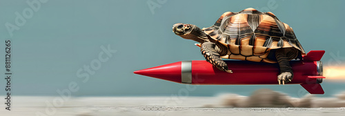 Tortoise riding rocket as speed up concept. 