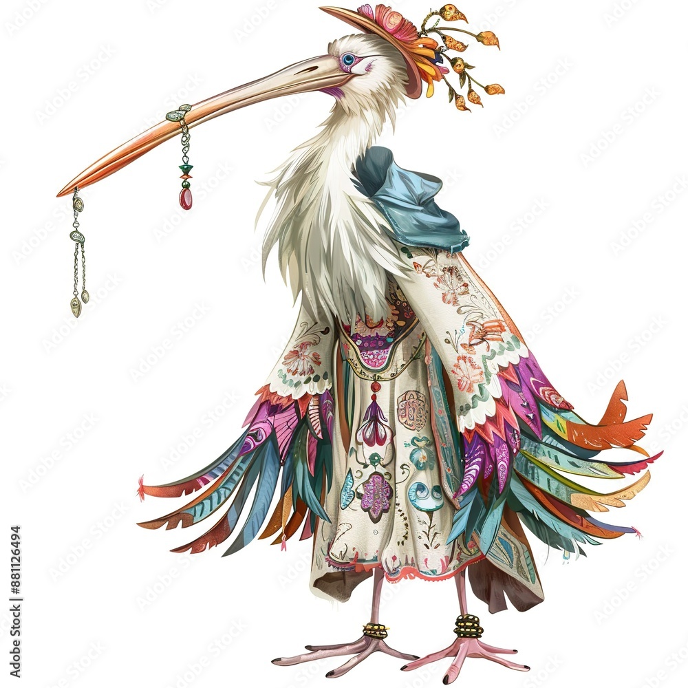 Fototapeta premium Stork Boho-Chic fashion cartoon isolated whitebackground