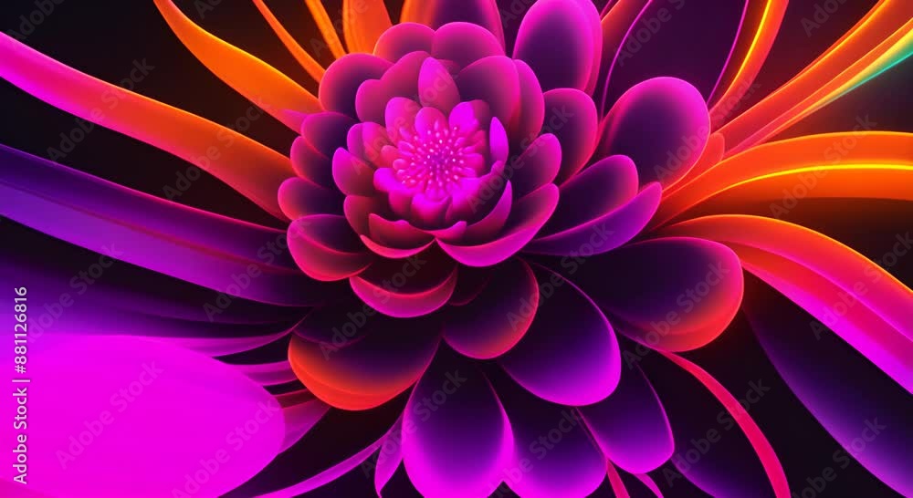 Abstract neon glowing flower with vibrant colorful petals on dark background 4k animation Abstract neon glowing flower with vibrant colorful petals on dark background 4k animation