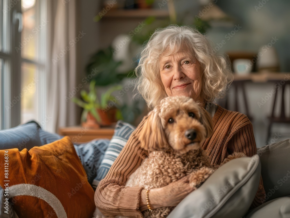 A senior woman is sitting on a couch with her dog. A senior woman is sitting on a couch with her dog.