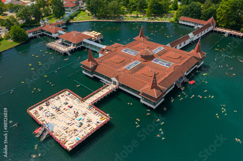Aerial view about the thermal lake of Heviz, which is the largest biologically active natural thermal lake with therapeutic effects in the world.