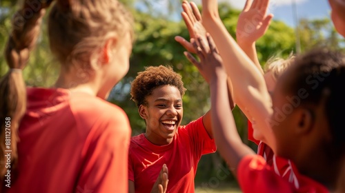 Happy young athletes of diverse backgrounds giving high-fives, celebrating their teamwork and shared achievements in vibrant red uniforms on a sunny outdoor field, positivity and camaraderie