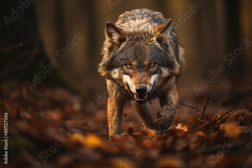 Fierce solitary wolf displaying aggression on forest trail, frontal view ready to strike photo