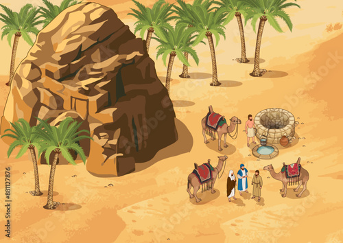 Isometric Arabia desert with camel and water well 