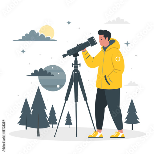 A young person watching starry sky and celestial bodies in telescopes or binoculars. Exploring outer space and looking for planets. Flat cartoon character, illustration