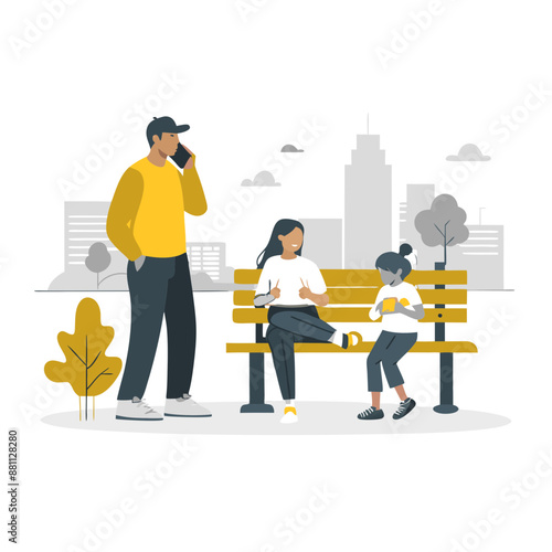 couple sitting on bench with her daughter in city park and talking. Pair of young lovers or friends sit together. Romance, relationship, friendship vector illustration