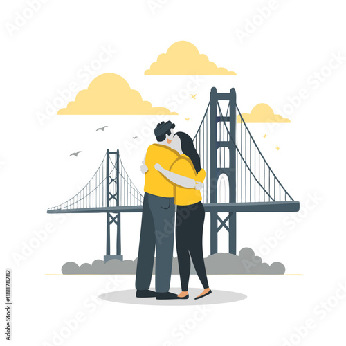 the youmg and romantic couple on suspension bridge show love for each other