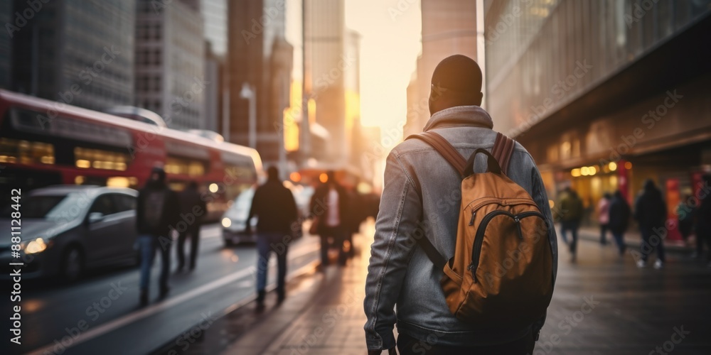 Man walking on city street with backpack Man walking on city street with backpack