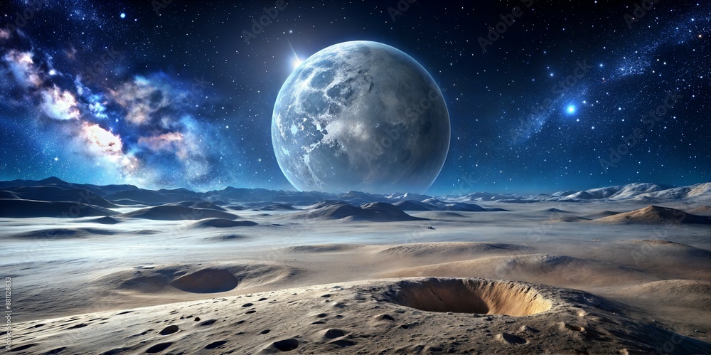 Obraz premium A Large Planet Rises Over a Desolate Desert Landscape at Night. Generative AI