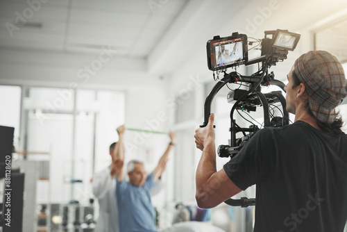 Canvastavla Man, videographer and recording with camera for online vlog, filmmaking or documentary at studio