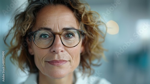 A professional portrait of a woman with curly hair and distinctive glasses in a well-lit office space, exuding confidence and competence in her role.