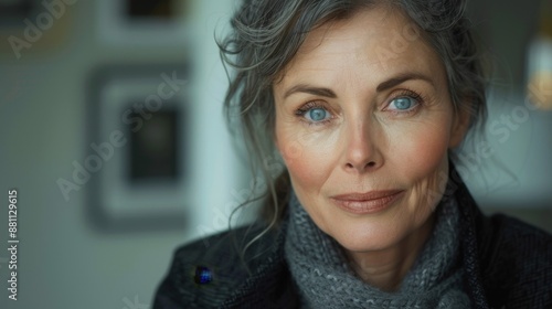 portrait of beautiful caucasian model woman 40-50 years old with well-groomed skin looking at camera, copyspace