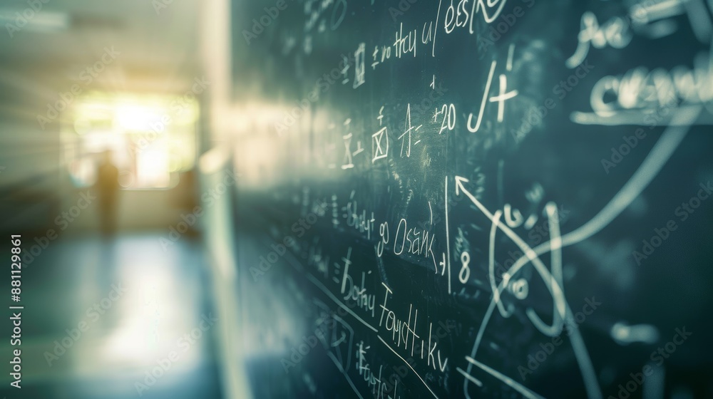 Fototapeta premium A macro shot of a chalkboard with equations written on it