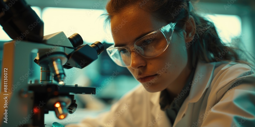 Woman examining samples under microscope Woman examining samples under microscope
