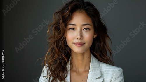 Elegant Asian businesswoman, curly long hair, Korean makeup style, in a chic white casual suit, showing a sophisticated smile on an isolated solid background indoor studio