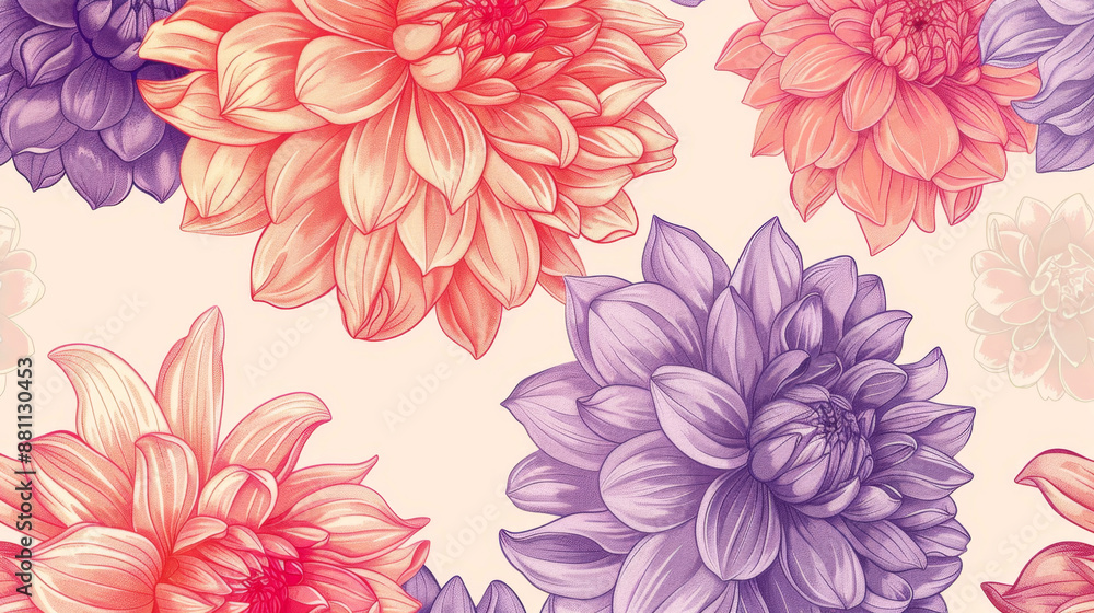 Vibrant Floral Pattern Design with Hand-Drawn Dahlias and Petunias Vibrant Floral Pattern Design with Hand-Drawn Dahlias and Petunias