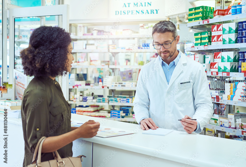 Obraz premium Man, pharmacist and writing prescription with customer for medication, healthcare advice or sick note at pharmacy. Mature medical employee taking notes for client dosage or diagnosis at dispensary