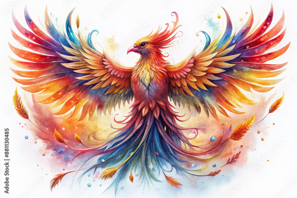 Fototapeta premium Vibrant watercolor phoenix bird spreads colorful wings on transparent background, revealing delicate feathers, bold brushstrokes, and stunning AI-generated details in soft, dreamy hues.